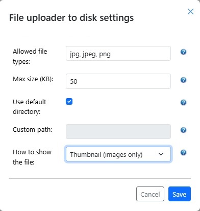 File Upload Settings for a Form Field in Smart Form Maker