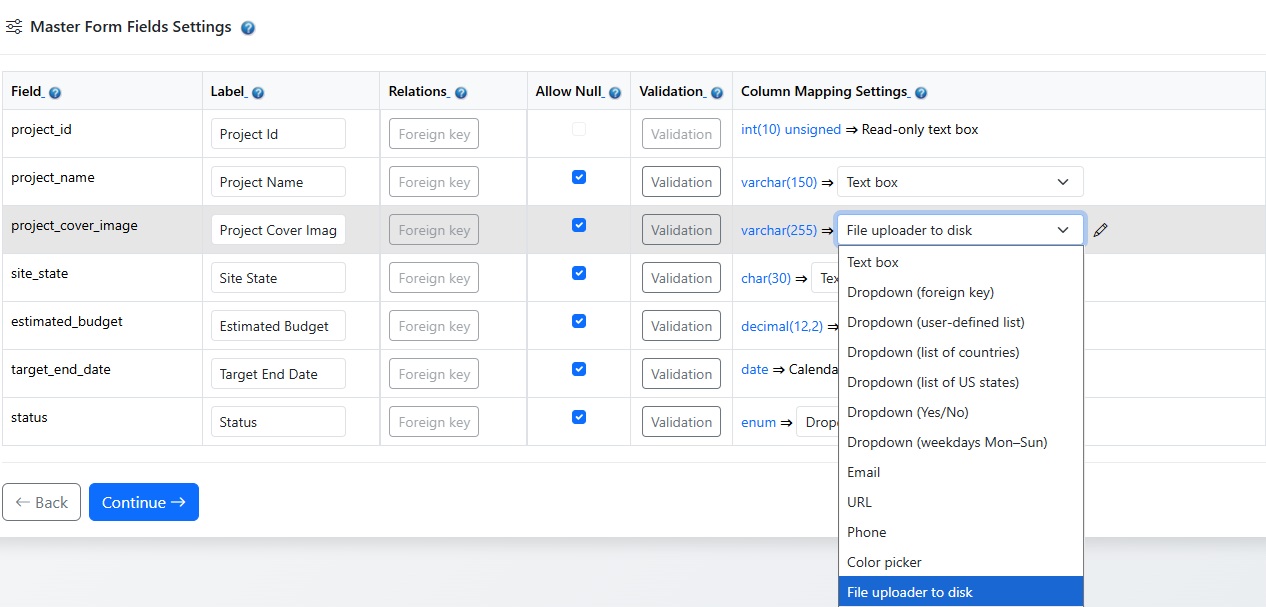 Mapping options for a textual VARCHAR database column in Smart Form Maker