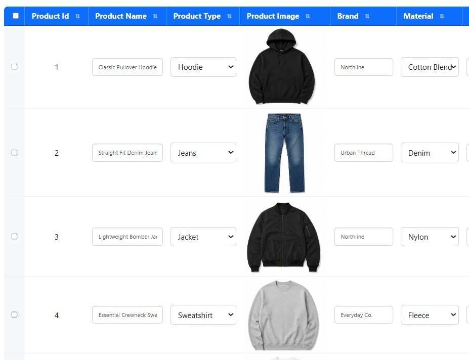 Tabular editable grid form generated by Smart Form Maker