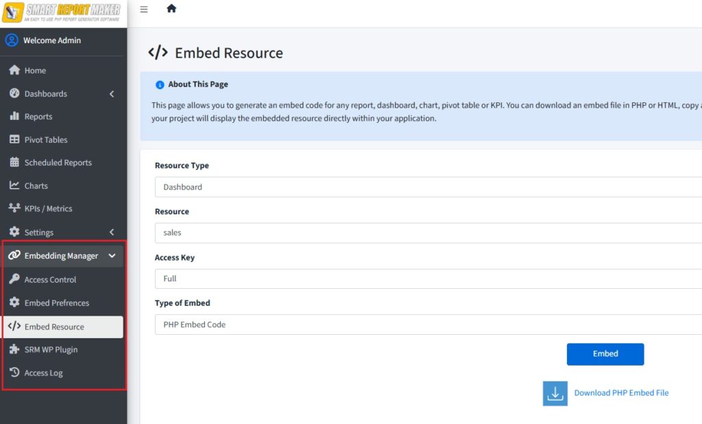 A screenshot from the Embed Manager of SRM